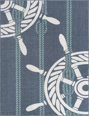 Navy Blue 7' 10 x 10' Outdoor Coastal Rectangle Area Rug Weather Resistant for Patio, Deck, Terrace, Balcony, Porch 100% Polypropylene Coastal Decor Carpet for Sale at Rug Engine