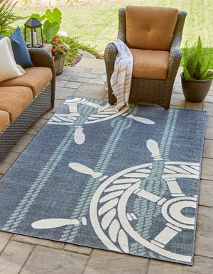 Navy Blue 5' 3 x 8' Outdoor Coastal Rectangle Area Rug Weather Resistant for Patio, Deck, Terrace, Balcony, Porch 100% Polypropylene Coastal Decor Carpet for Sale at Rug Engine