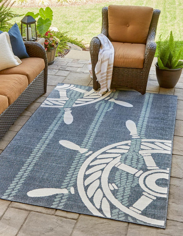 Navy Blue 7' 10 x 10' Outdoor Coastal Rectangle Area Rug Weather Resistant for Patio, Deck, Terrace, Balcony, Porch 100% Polypropylene Coastal Decor Carpet for Sale at Rug Engine