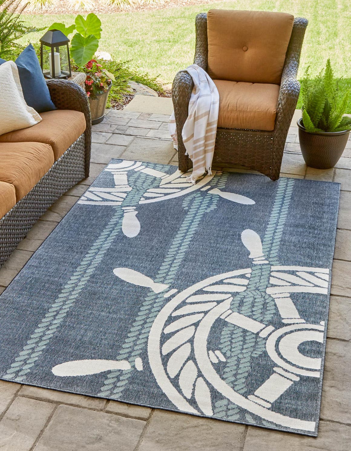 Navy Blue 9' x 12' Outdoor Coastal Rectangle Area Rug Weather Resistant for Patio, Deck, Terrace, Balcony, Porch 100% Polypropylene Coastal Decor Carpet for Sale at Rug Engine