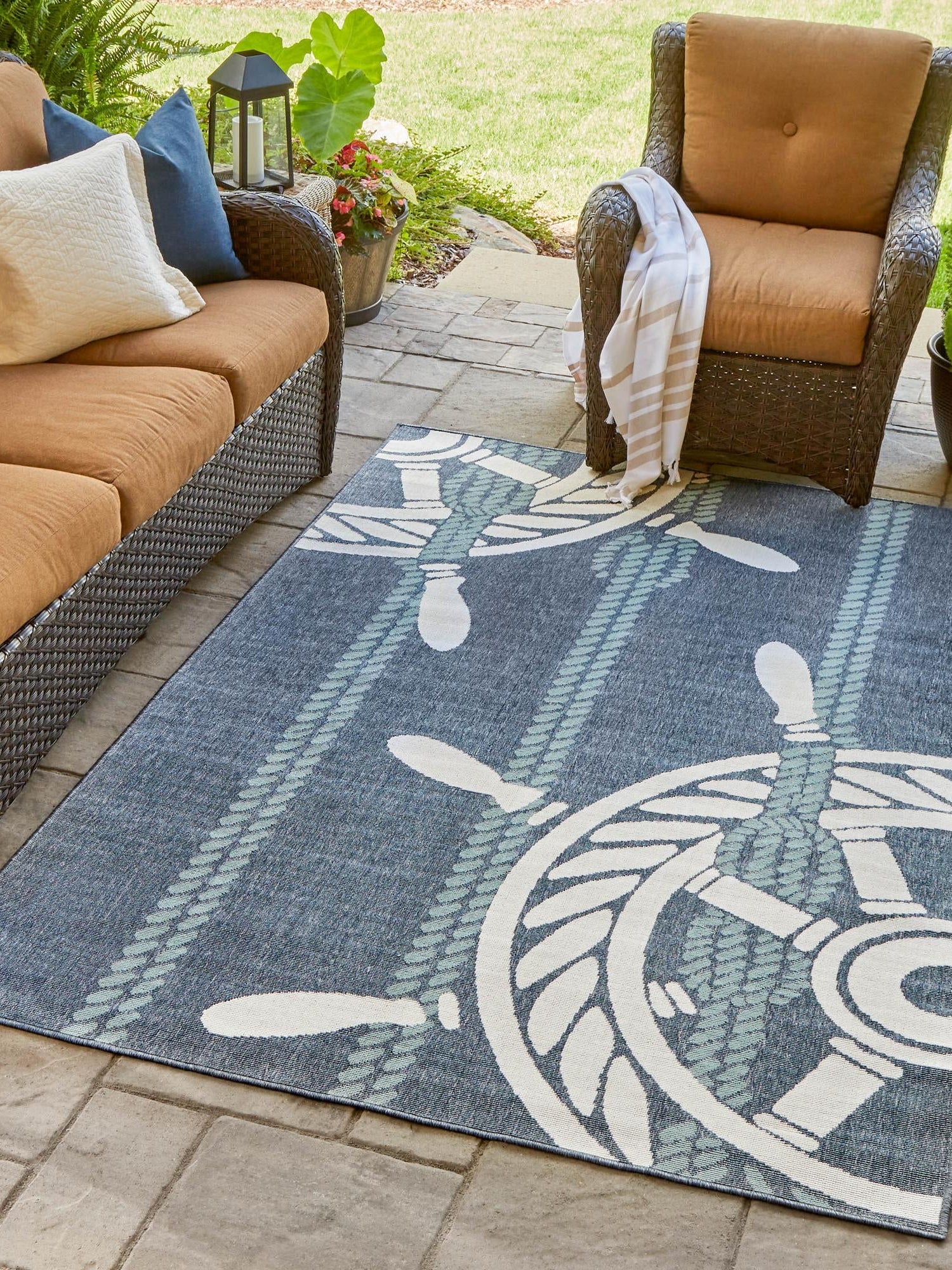 Navy Blue 9' x 12' Outdoor Coastal Rectangle Area Rug Weather Resistant for Patio, Deck, Terrace, Balcony, Porch 100% Polypropylene Coastal Decor Carpet for Sale at Rug Engine