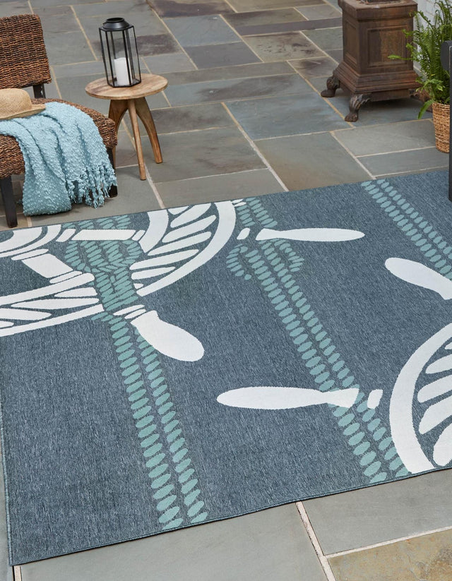Navy Blue 7' 10 x 7' 10 Outdoor Coastal Square Area Rug Weather Resistant for Patio, Deck, Terrace, Balcony, Porch 100% Polypropylene Coastal Decor Carpet for Sale at Rug Engine