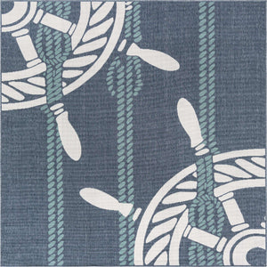Navy Blue 7' 10 x 7' 10 Outdoor Coastal Square Area Rug Weather Resistant for Patio, Deck, Terrace, Balcony, Porch 100% Polypropylene Coastal Decor Carpet for Sale at Rug Engine