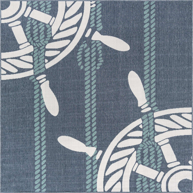 Navy Blue 7' 10 x 7' 10 Outdoor Coastal Square Area Rug Weather Resistant for Patio, Deck, Terrace, Balcony, Porch 100% Polypropylene Coastal Decor Carpet for Sale at Rug Engine