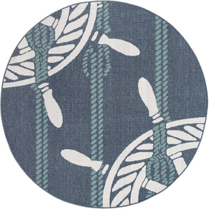 Navy Blue 7' x 7' Outdoor Coastal Round Area Rug Weather Resistant for Patio, Deck, Terrace, Balcony, Porch 100% Polypropylene Coastal Decor Carpet for Sale at Rug Engine