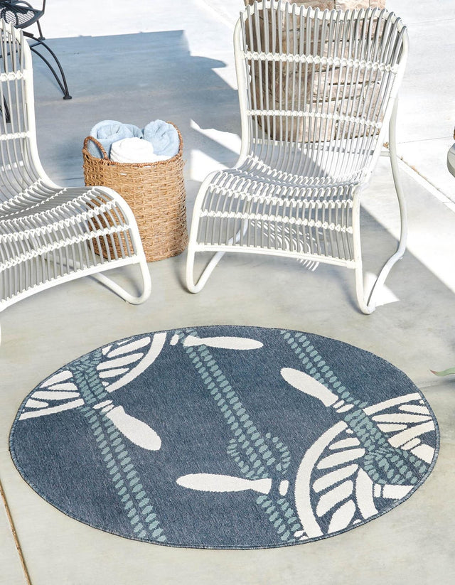 Navy Blue 7' x 7' Outdoor Coastal Round Area Rug Weather Resistant for Patio, Deck, Terrace, Balcony, Porch 100% Polypropylene Coastal Decor Carpet for Sale at Rug Engine