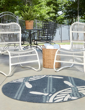 Navy Blue 4' x 4' Outdoor Coastal Round Area Rug Weather Resistant for Patio, Deck, Terrace, Balcony, Porch 100% Polypropylene Coastal Decor Carpet for Sale at Rug Engine