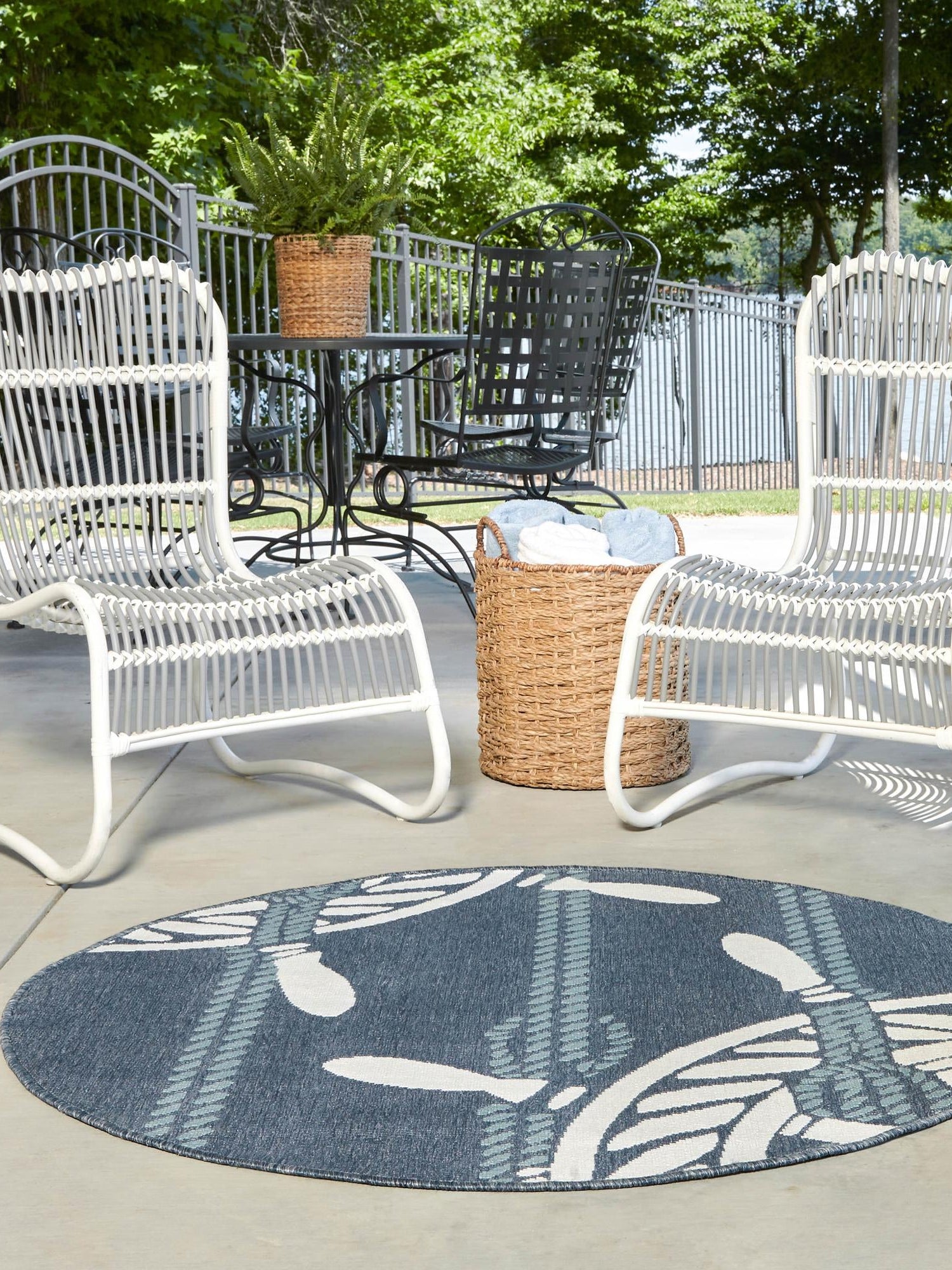 Navy Blue 7' x 7' Outdoor Coastal Round Area Rug Weather Resistant for Patio, Deck, Terrace, Balcony, Porch 100% Polypropylene Coastal Decor Carpet for Sale at Rug Engine