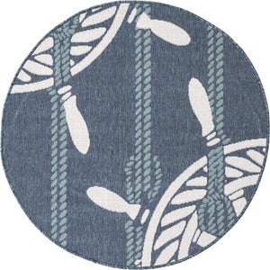 Navy Blue 4' x 4' Outdoor Coastal Round Area Rug Weather Resistant for Patio, Deck, Terrace, Balcony, Porch 100% Polypropylene Coastal Decor Carpet for Sale at Rug Engine