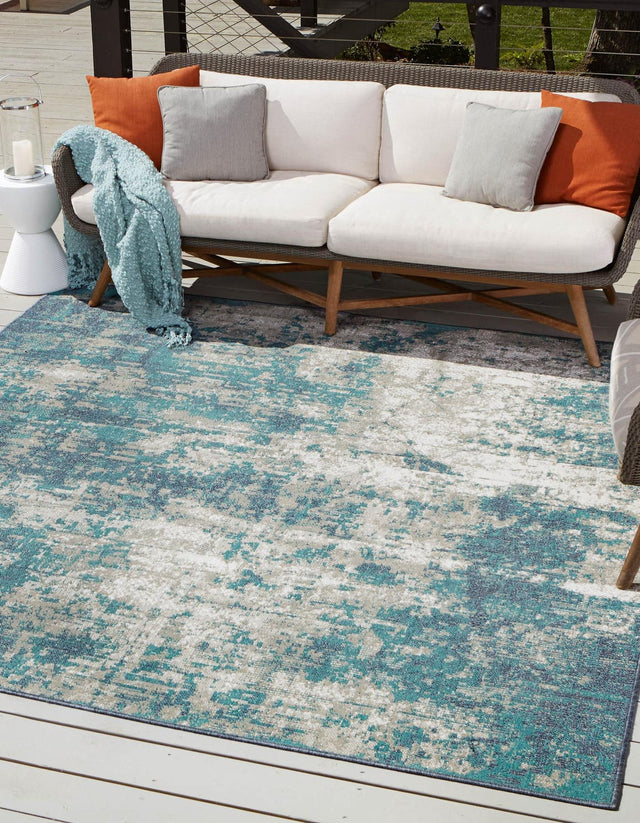 Blue 7' 10 x 7' 10 Outdoor Coastal Square Area Rug Weather Resistant for Patio, Deck, Terrace, Balcony, Porch 100% Polypropylene Coastal Decor Carpet for Sale at Rug Engine