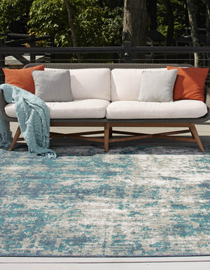 Blue 7' 10 x 7' 10 Outdoor Coastal Square Area Rug Weather Resistant for Patio, Deck, Terrace, Balcony, Porch 100% Polypropylene Coastal Decor Carpet for Sale at Rug Engine