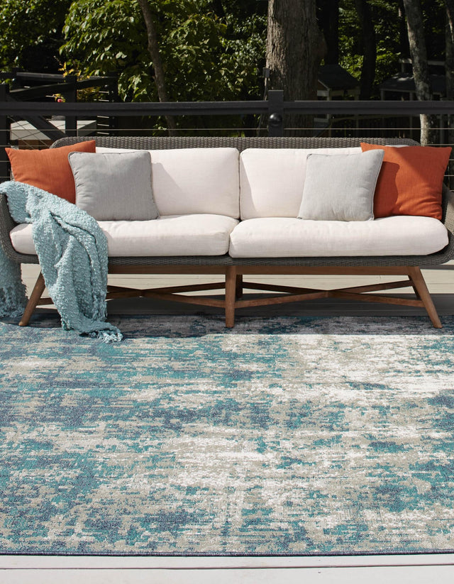 Blue 7' 10 x 7' 10 Outdoor Coastal Square Area Rug Weather Resistant for Patio, Deck, Terrace, Balcony, Porch 100% Polypropylene Coastal Decor Carpet for Sale at Rug Engine