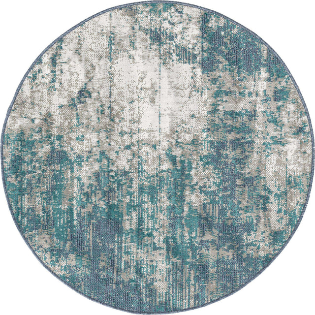 Blue 4' x 4' Outdoor Coastal Round Area Rug Weather Resistant for Patio, Deck, Terrace, Balcony, Porch 100% Polypropylene Coastal Decor Carpet for Sale at Rug Engine