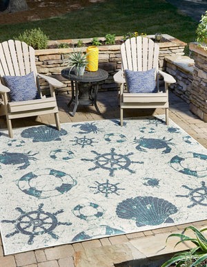 Ivory 7' 10 x 7' 10 Outdoor Coastal Square Area Rug Weather Resistant for Patio, Deck, Terrace, Balcony, Porch 100% Polypropylene Coastal Decor Carpet for Sale at Rug Engine