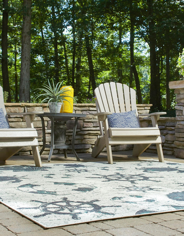 Ivory 7' 10 x 7' 10 Outdoor Coastal Square Area Rug Weather Resistant for Patio, Deck, Terrace, Balcony, Porch 100% Polypropylene Coastal Decor Carpet for Sale at Rug Engine