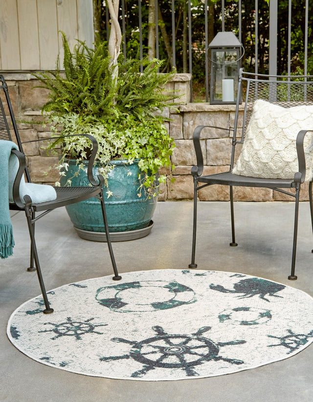 Ivory 7' x 7' Outdoor Coastal Round Area Rug Weather Resistant for Patio, Deck, Terrace, Balcony, Porch 100% Polypropylene Coastal Decor Carpet for Sale at Rug Engine