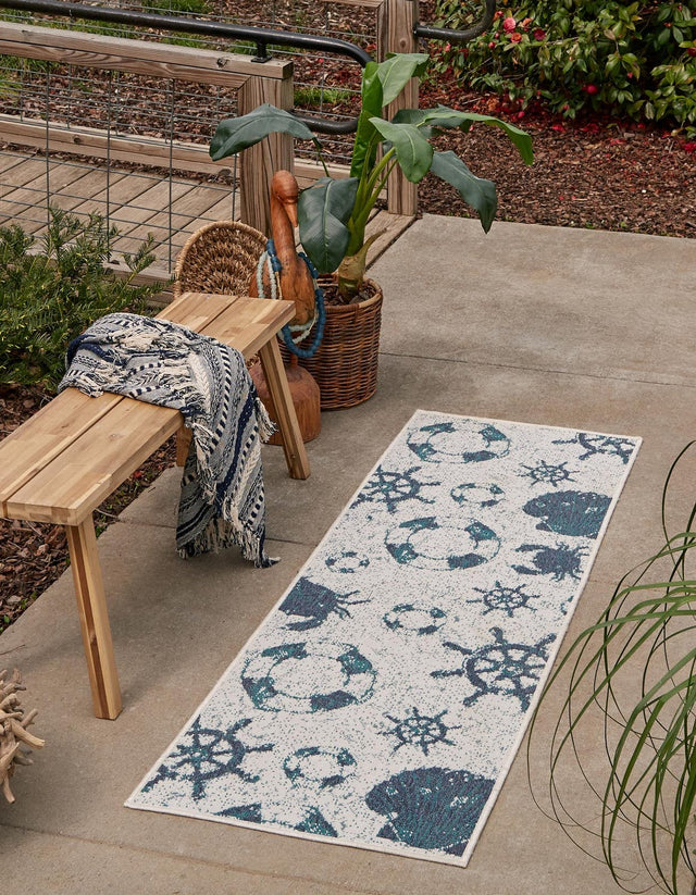 Ivory 2' x 8' Outdoor Coastal Runner Area Rug Weather Resistant for Patio, Deck, Terrace, Balcony, Porch 100% Polypropylene Coastal Decor Carpet for Sale at Rug Engine