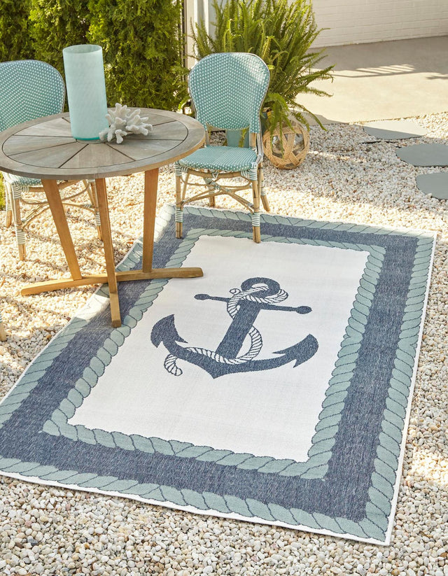 Navy Blue 9' x 12' Outdoor Coastal Rectangle Area Rug Weather Resistant for Patio, Deck, Terrace, Balcony, Porch 100% Polypropylene Coastal Decor Carpet for Sale at Rug Engine