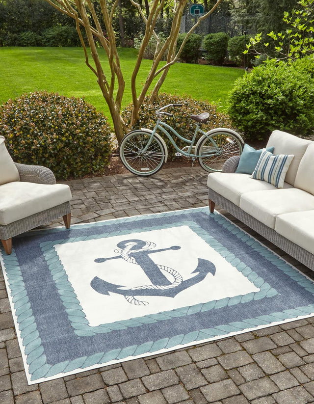 Navy Blue 7' 10 x 7' 10 Outdoor Coastal Square Area Rug Weather Resistant for Patio, Deck, Terrace, Balcony, Porch 100% Polypropylene Coastal Decor Carpet for Sale at Rug Engine