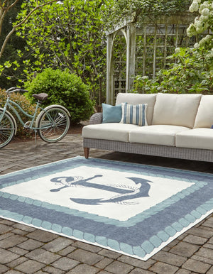 Navy Blue 10' x 10' Outdoor Coastal Square Area Rug Weather Resistant for Patio, Deck, Terrace, Balcony, Porch