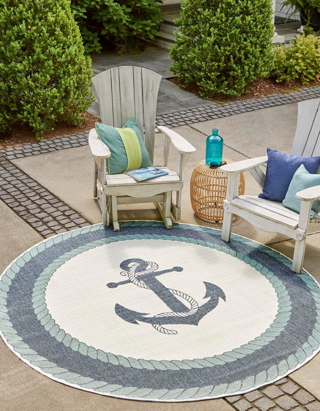 Navy Blue 4' x 4' Outdoor Coastal Round Area Rug Weather Resistant for Patio, Deck, Terrace, Balcony, Porch 100% Polypropylene Coastal Decor Carpet for Sale at Rug Engine