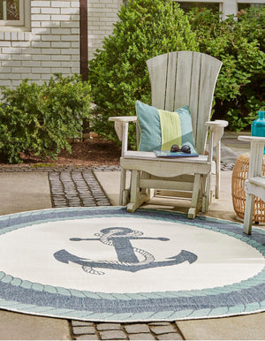 Navy Blue 7' 10 x 7' 10 Outdoor Coastal Round Area Rug Weather Resistant for Patio, Deck, Terrace, Balcony, Porch 100% Polypropylene Coastal Decor Carpet for Sale at Rug Engine