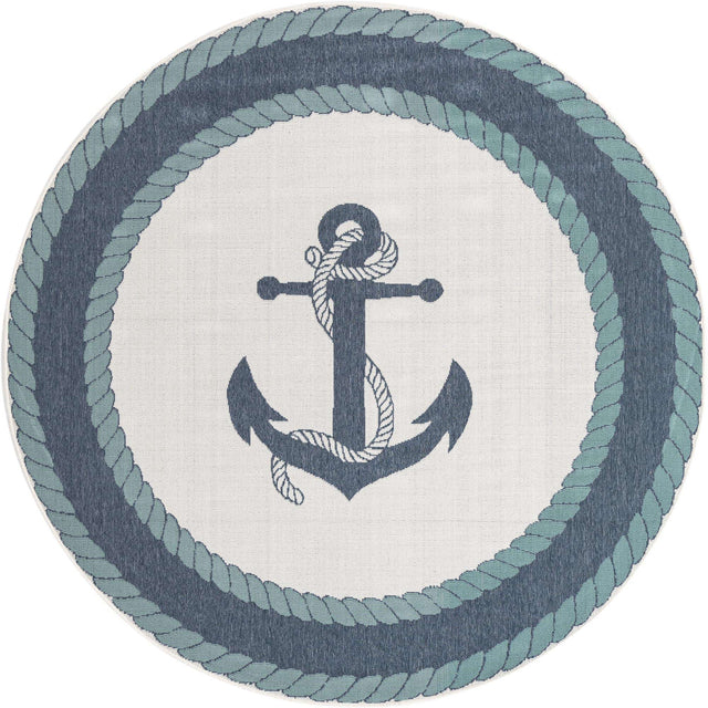 Navy Blue 4' x 4' Outdoor Coastal Round Area Rug Weather Resistant for Patio, Deck, Terrace, Balcony, Porch 100% Polypropylene Coastal Decor Carpet for Sale at Rug Engine