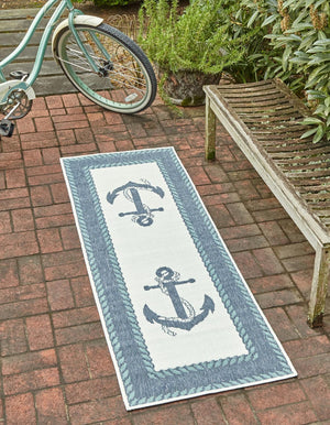 Navy Blue 2' 7 x 12' Outdoor Coastal Runner Area Rug Weather Resistant for Patio, Deck, Terrace, Balcony, Porch 100% Polypropylene Coastal Decor Carpet for Sale at Rug Engine