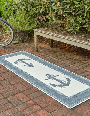Navy Blue 2' x 8' Outdoor Coastal Runner Area Rug Weather Resistant for Patio, Deck, Terrace, Balcony, Porch 100% Polypropylene Coastal Decor Carpet for Sale at Rug Engine