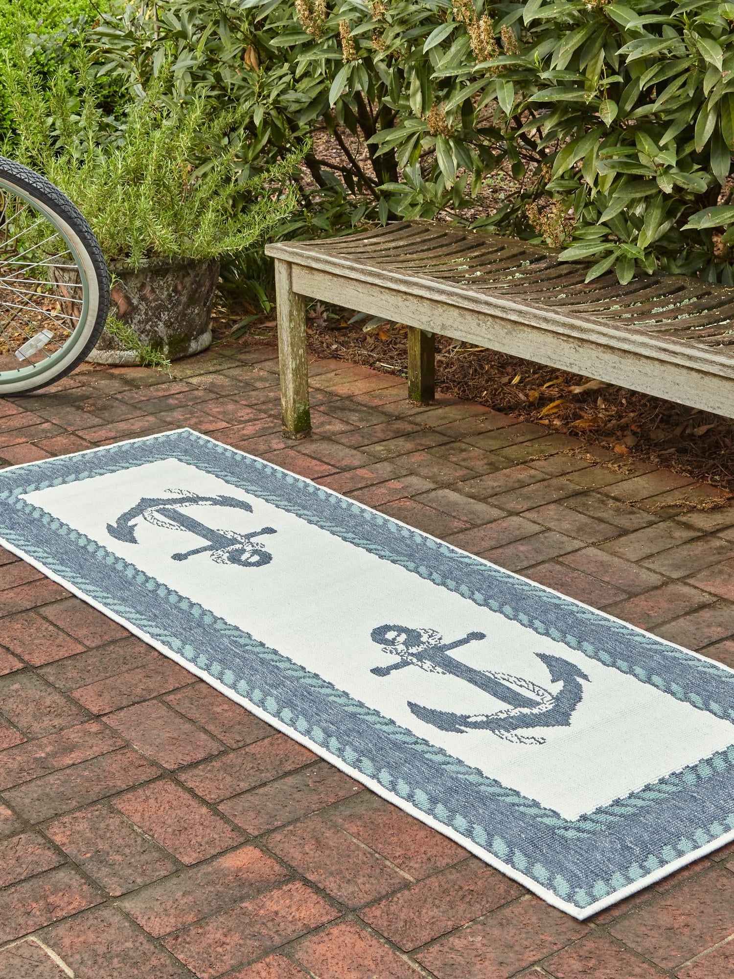 Navy Blue 2' x 5' 1 Outdoor Coastal Runner Area Rug Weather Resistant for Patio, Deck, Terrace, Balcony, Porch 100% Polypropylene Coastal Decor Carpet for Sale at Rug Engine