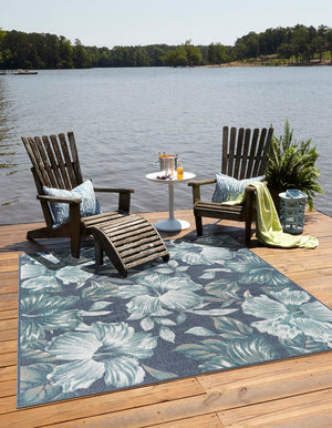 Blue 7' 10 x 7' 10 Outdoor Coastal Square Area Rug Weather Resistant for Patio, Deck, Terrace, Balcony, Porch 100% Polypropylene Coastal Decor Carpet for Sale at Rug Engine