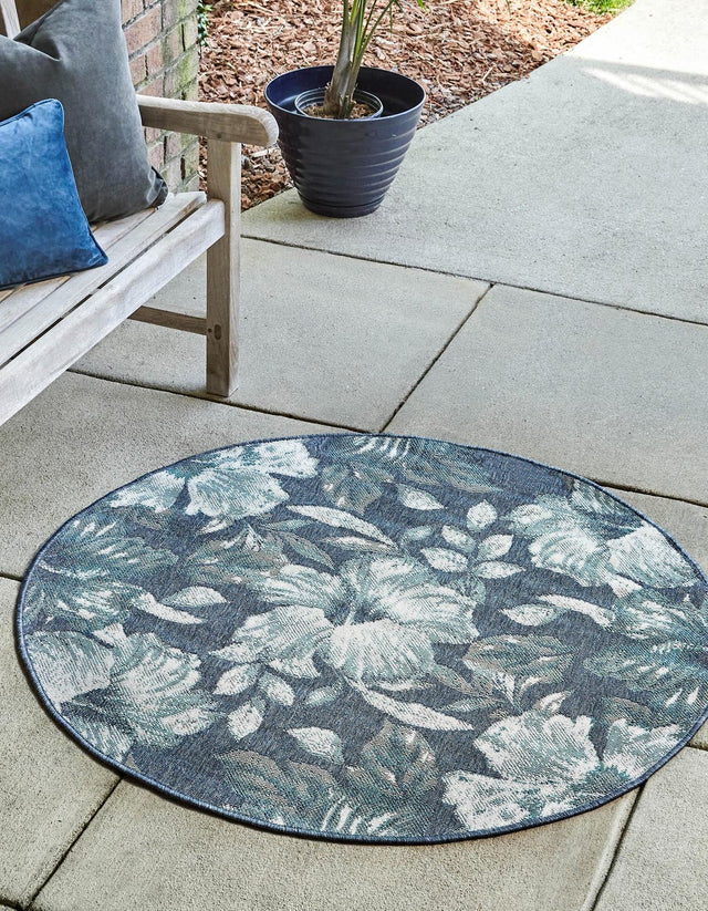 Blue 7' x 7' Outdoor Coastal Round Area Rug Weather Resistant for Patio, Deck, Terrace, Balcony, Porch 100% Polypropylene Coastal Decor Carpet for Sale at Rug Engine
