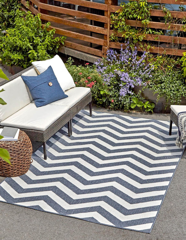 Navy Blue 7' 10 x 10' Outdoor Coastal Rectangle Area Rug Weather Resistant for Patio, Deck, Terrace, Balcony, Porch 100% Polypropylene Coastal Decor Carpet for Sale at Rug Engine