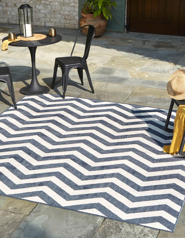 Navy Blue 7' 10 x 7' 10 Outdoor Coastal Square Area Rug Weather Resistant for Patio, Deck, Terrace, Balcony, Porch 100% Polypropylene Coastal Decor Carpet for Sale at Rug Engine