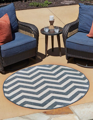 Navy Blue 4' 1 x 4' 1 Outdoor Coastal Round Area Rug Weather Resistant for Patio, Deck, Terrace, Balcony, Porch 100% Polypropylene Coastal Decor Carpet for Sale at Rug Engine
