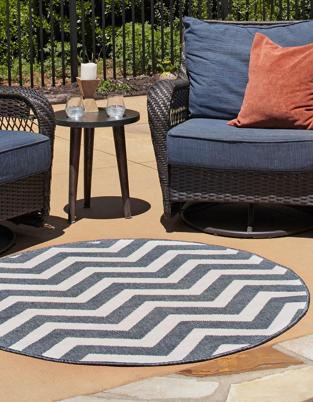 Navy Blue 4' 1 x 4' 1 Outdoor Coastal Round Area Rug Weather Resistant for Patio, Deck, Terrace, Balcony, Porch 100% Polypropylene Coastal Decor Carpet for Sale at Rug Engine