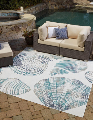 Ivory 10' x 10' Outdoor Coastal Square Area Rug Weather Resistant for Patio, Deck, Terrace, Balcony, Porch 100% Polypropylene Coastal Decor Carpet for Sale at Rug Engine