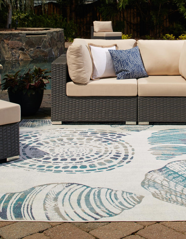 Ivory 7' 10 x 7' 10 Outdoor Coastal Square Area Rug Weather Resistant for Patio, Deck, Terrace, Balcony, Porch 100% Polypropylene Coastal Decor Carpet for Sale at Rug Engine