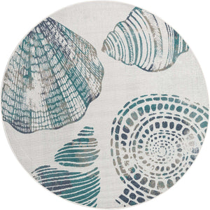 Ivory 7' x 7' Outdoor Coastal Round Area Rug Weather Resistant for Patio, Deck, Terrace, Balcony, Porch 100% Polypropylene Coastal Decor Carpet for Sale at Rug Engine
