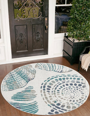 Ivory 4' x 4' Outdoor Coastal Round Area Rug Weather Resistant for Patio, Deck, Terrace, Balcony, Porch 100% Polypropylene Coastal Decor Carpet for Sale at Rug Engine