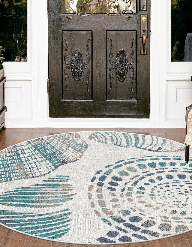 Ivory 7' 10 x 7' 10 Outdoor Coastal Round Area Rug Weather Resistant for Patio, Deck, Terrace, Balcony, Porch 100% Polypropylene Coastal Decor Carpet for Sale at Rug Engine