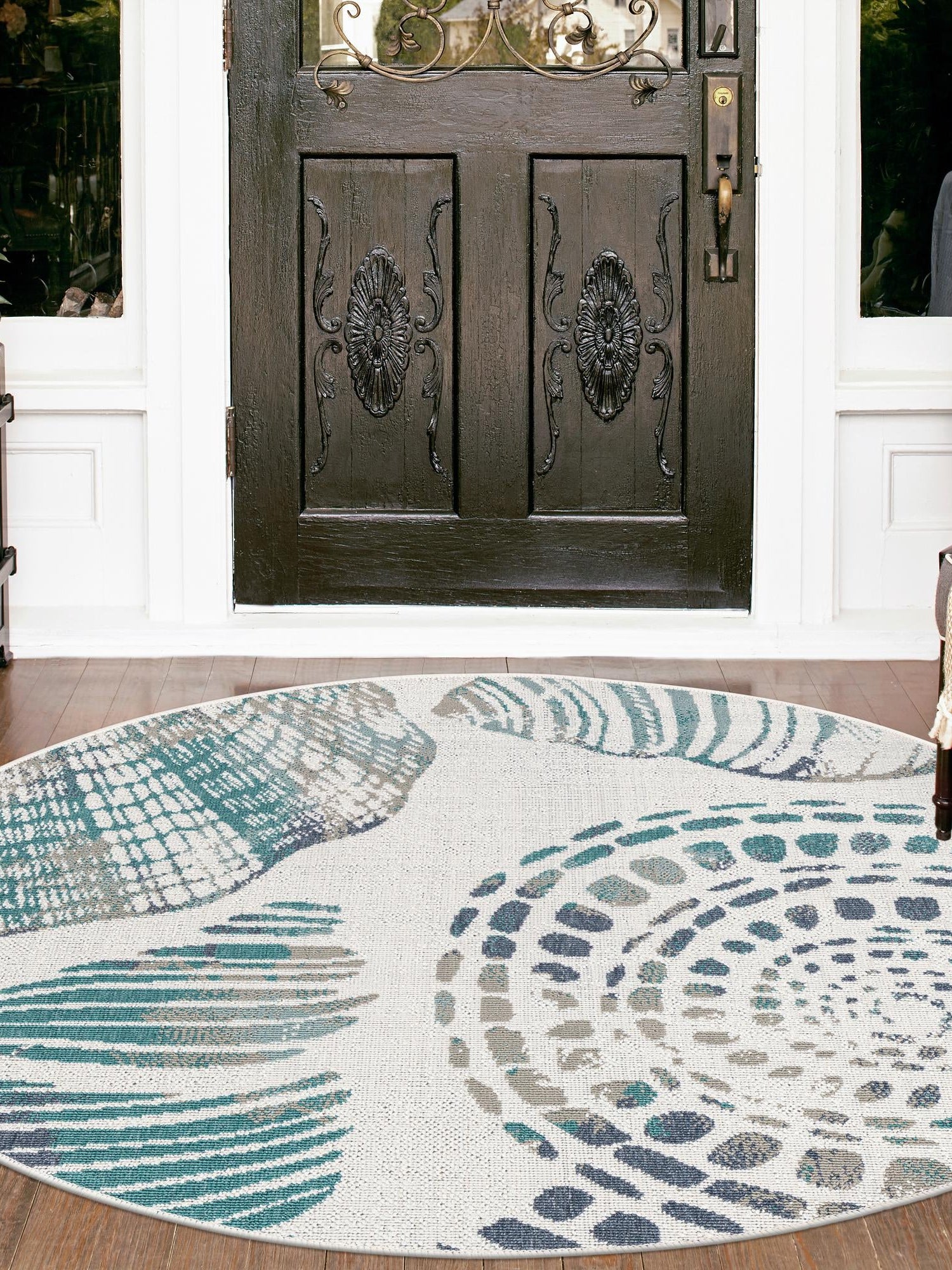 Ivory 4' x 4' Outdoor Coastal Round Area Rug Weather Resistant for Patio, Deck, Terrace, Balcony, Porch 100% Polypropylene Coastal Decor Carpet for Sale at Rug Engine