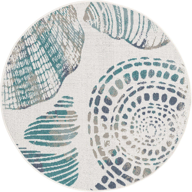 Ivory 4' x 4' Outdoor Coastal Round Area Rug Weather Resistant for Patio, Deck, Terrace, Balcony, Porch 100% Polypropylene Coastal Decor Carpet for Sale at Rug Engine