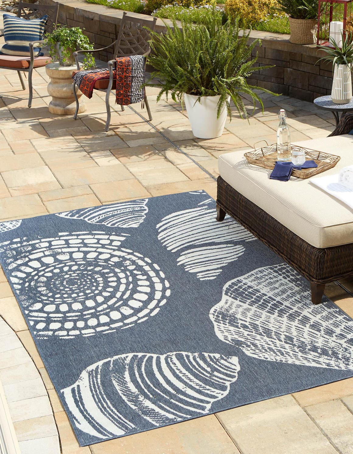 Navy Blue 5' 3 x 8' Outdoor Coastal Rectangle Area Rug Weather Resistant for Patio, Deck, Terrace, Balcony, Porch 100% Polypropylene Coastal Decor Carpet for Sale at Rug Engine