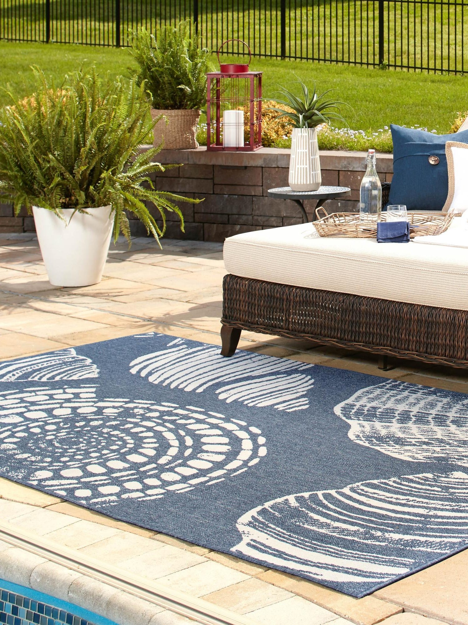 Navy Blue 7' 10 x 10' Outdoor Coastal Rectangle Area Rug Weather Resistant for Patio, Deck, Terrace, Balcony, Porch 100% Polypropylene Coastal Decor Carpet for Sale at Rug Engine