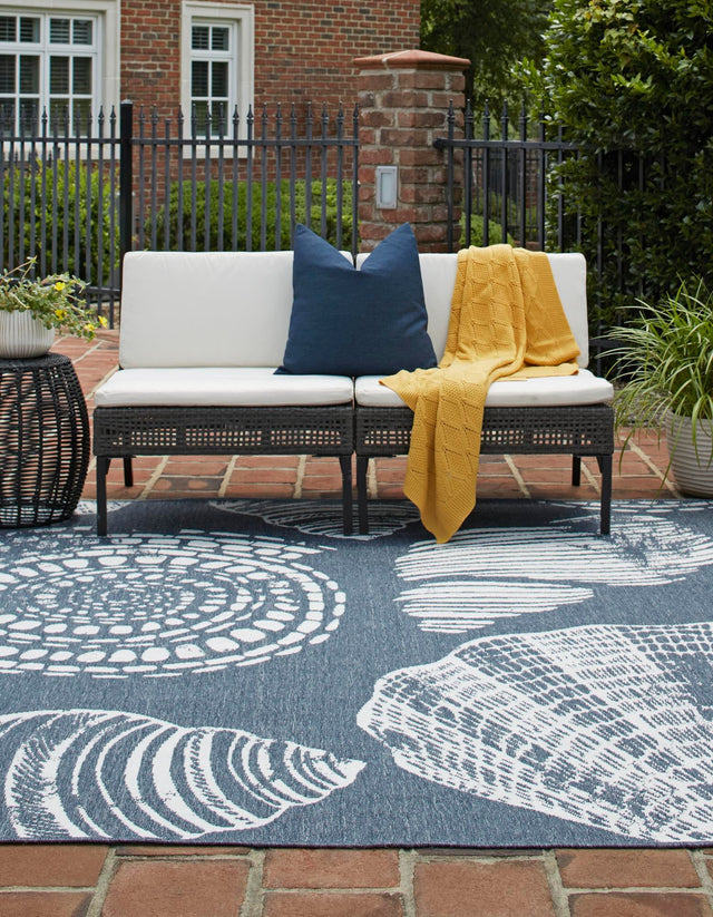 Navy Blue 7' 10 x 7' 10 Outdoor Coastal Square Area Rug Weather Resistant for Patio, Deck, Terrace, Balcony, Porch 100% Polypropylene Coastal Decor Carpet for Sale at Rug Engine