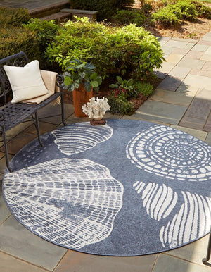 Navy Blue 4' x 4' Outdoor Coastal Round Area Rug Weather Resistant for Patio, Deck, Terrace, Balcony, Porch 100% Polypropylene Coastal Decor Carpet for Sale at Rug Engine