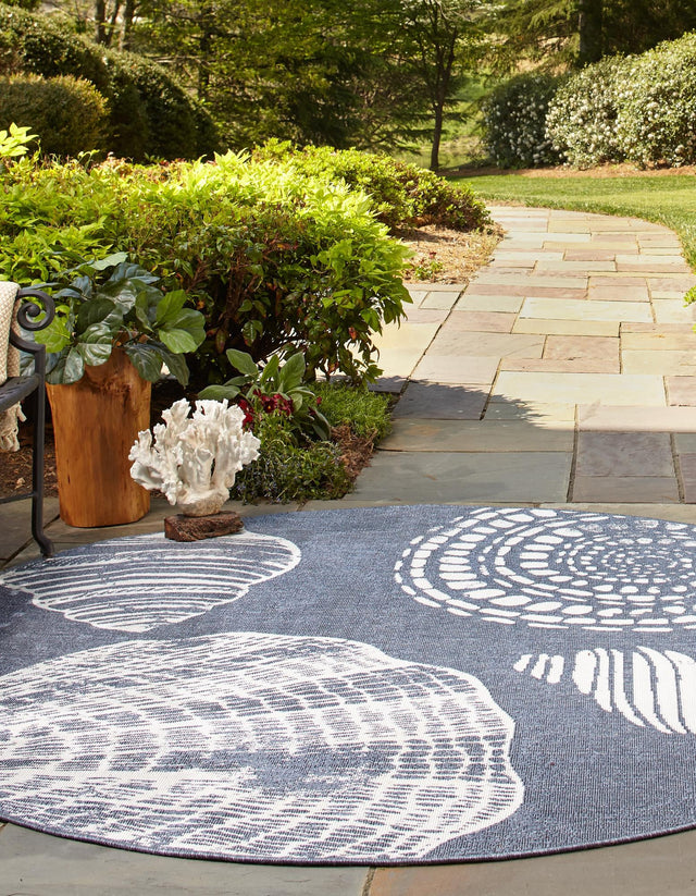 Navy Blue 7' x 7' Outdoor Coastal Round Area Rug Weather Resistant for Patio, Deck, Terrace, Balcony, Porch 100% Polypropylene Coastal Decor Carpet for Sale at Rug Engine