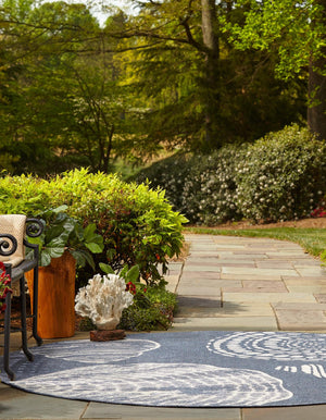 Navy Blue 7' x 7' Outdoor Coastal Round Area Rug Weather Resistant for Patio, Deck, Terrace, Balcony, Porch 100% Polypropylene Coastal Decor Carpet for Sale at Rug Engine