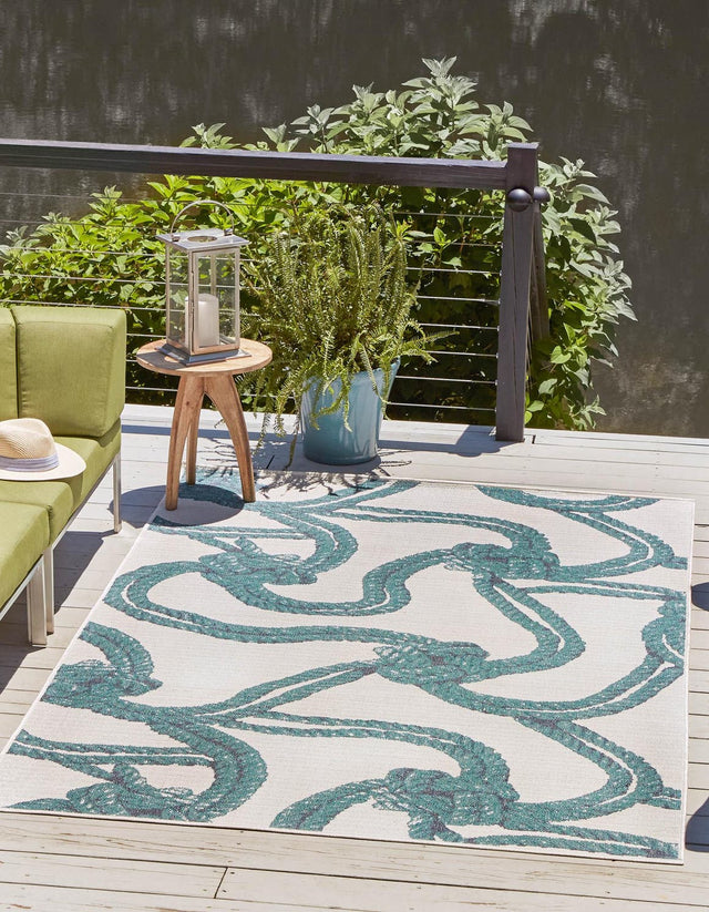 Ivory 7' 10 x 10' Outdoor Coastal Rectangle Area Rug Weather Resistant for Patio, Deck, Terrace, Balcony, Porch 100% Polypropylene Coastal Decor Carpet for Sale at Rug Engine